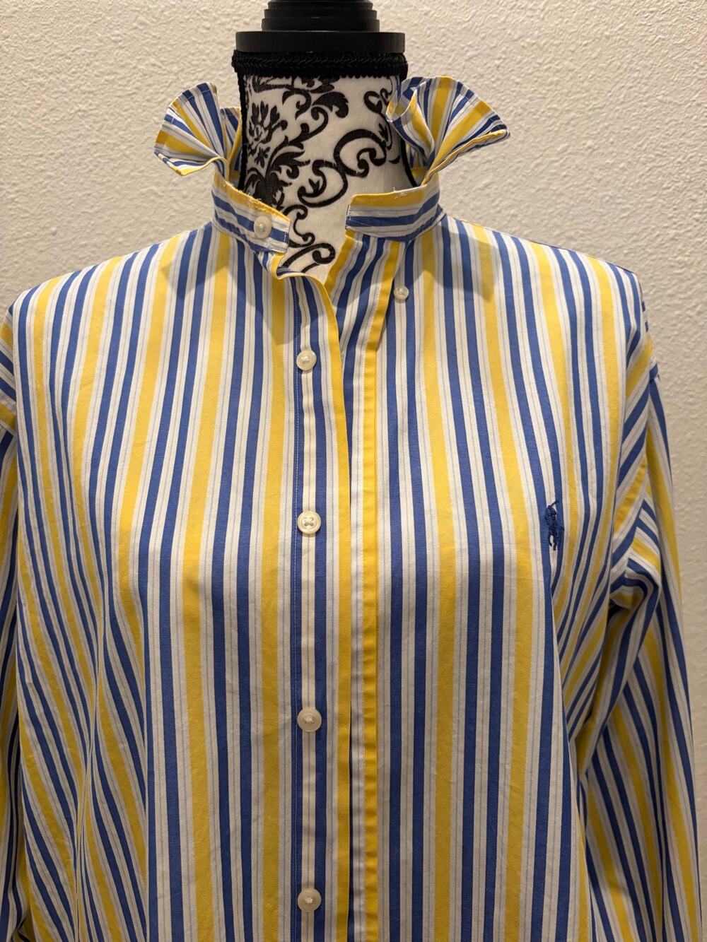 Ralph Lauren Upcycled Ruffle Collar Striped Button Down Shirt 15.5 32/33